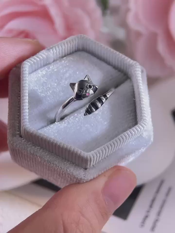 925 Sterling Silver Cute Raccoon Ring Animals Aso